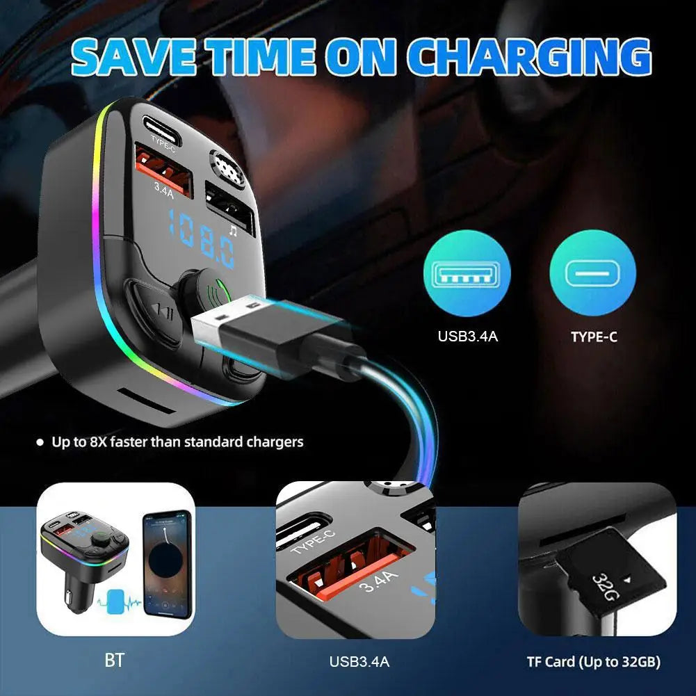 Car Bluetooth 5.0 FM Transmitter PD Type-C Dual USB 3.1A Fast Charger Colorful Ambient Light Handsfree MP3 Modulator Player