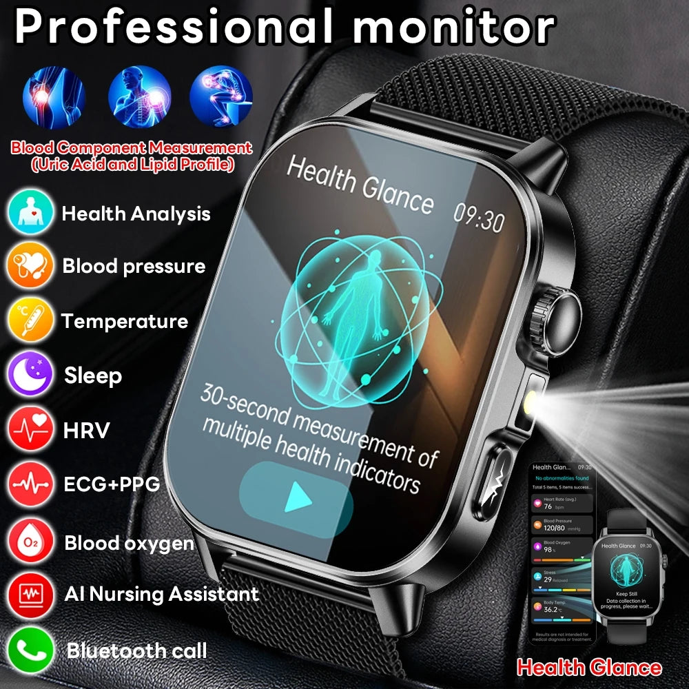 2026 New Health Nursing Grade Smart Watch Men Blood Lipid Uric Acid Tracker ECG+PPG Clock Bluetooth Call Smartwatches Men Women