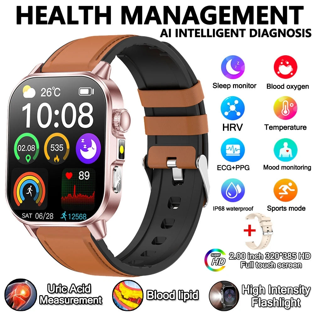 2026 New Health Nursing Grade Smart Watch Men Blood Lipid Uric Acid Tracker ECG+PPG Clock Bluetooth Call Smartwatches Men Women