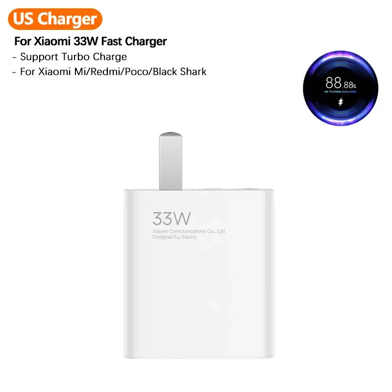Original Xiaomi 33W Turbo Charger Fast Charge US Adapter For Mi 10T 10S Poco X5 X3 M5S F3 Redmi Note 13 12 Pad Pro EU Cargador