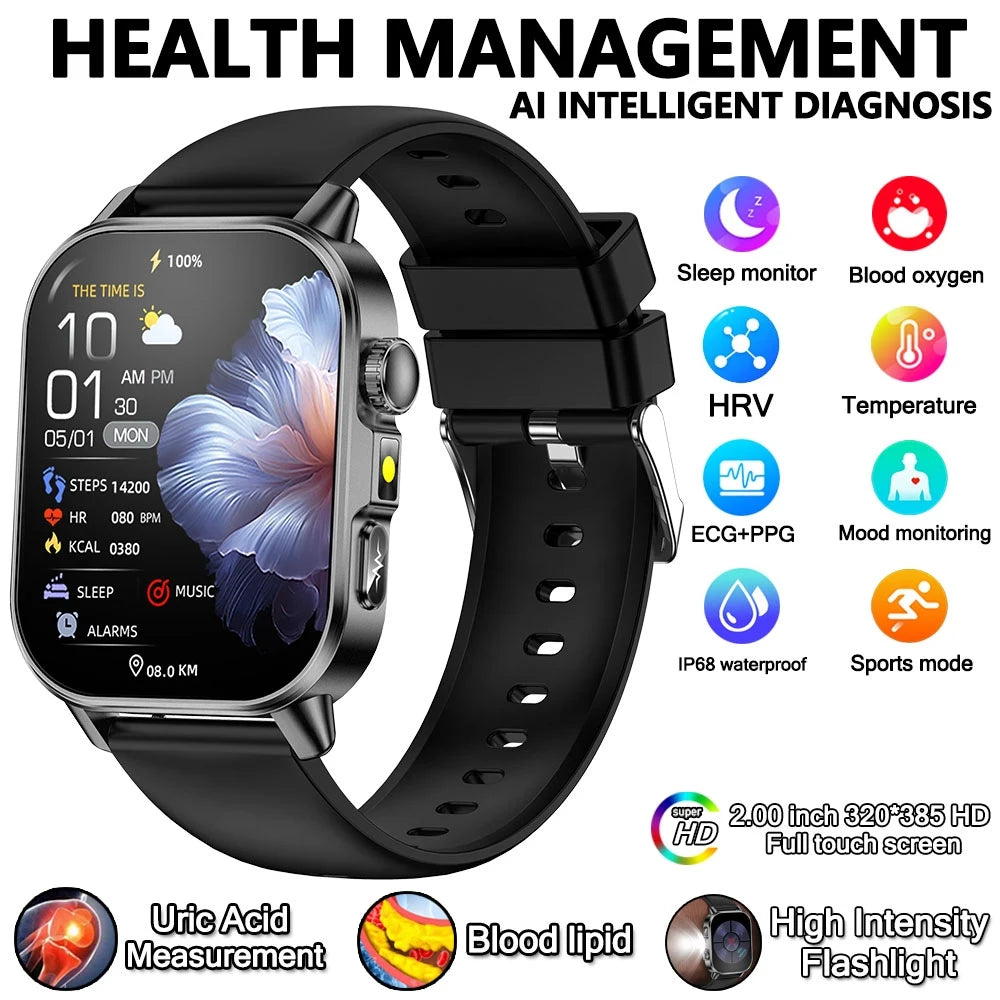 2026 New Health Nursing Grade Smart Watch Men Blood Lipid Uric Acid Tracker ECG+PPG Clock Bluetooth Call Smartwatches Men Women