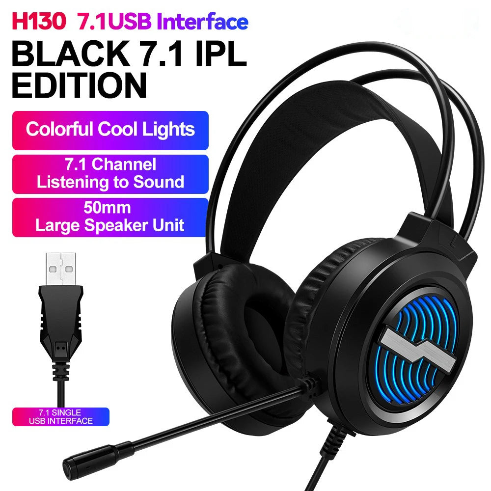 H130 Headset USB Cable Head Mounted Gaming Computer Earphones with Microphone Laptop Music Earphones RGB Backlight Bass Stereo