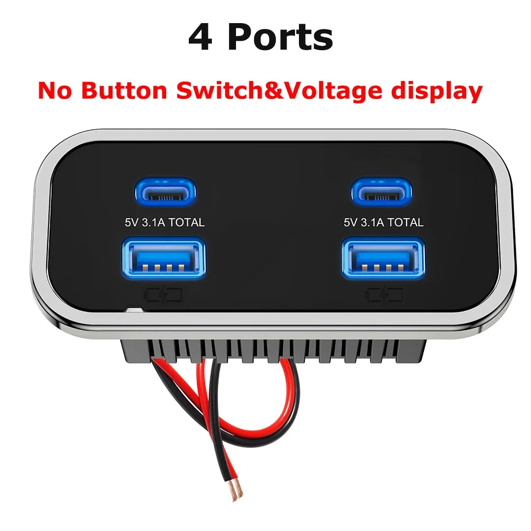 4 Ports 12V RV USB Outlet 76W Dual PD3.0 Type-C Quick Charge & QC3.0 Panel Wall Mount Charger Adapter For Marine Bus ATV Truck