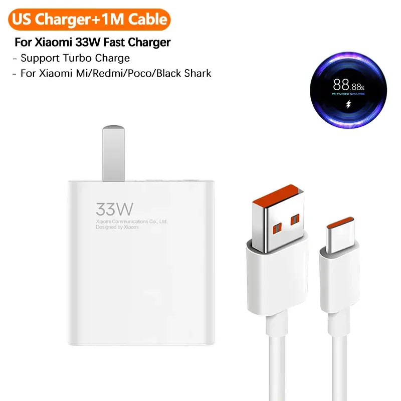 Original Xiaomi 33W Turbo Charger Fast Charge US Adapter For Mi 10T 10S Poco X5 X3 M5S F3 Redmi Note 13 12 Pad Pro EU Cargador