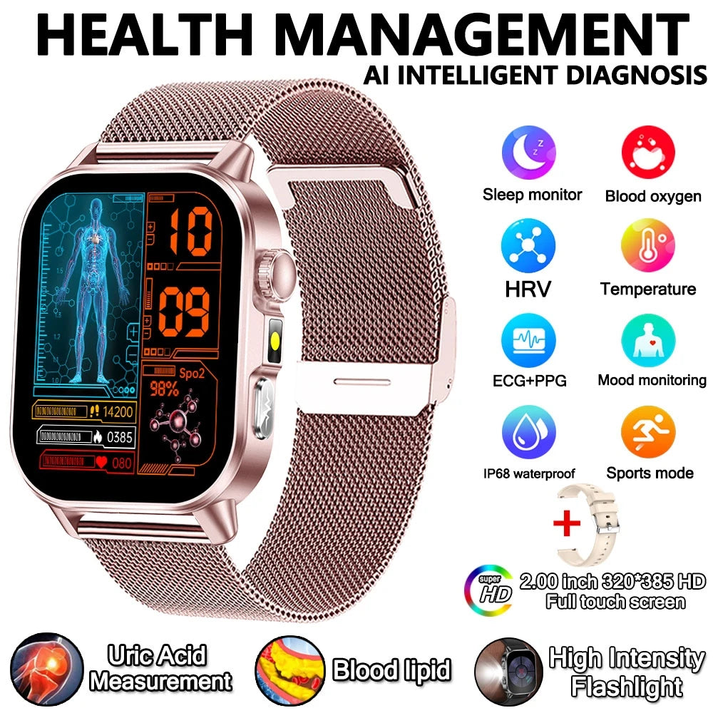 2026 New Health Nursing Grade Smart Watch Men Blood Lipid Uric Acid Tracker ECG+PPG Clock Bluetooth Call Smartwatches Men Women