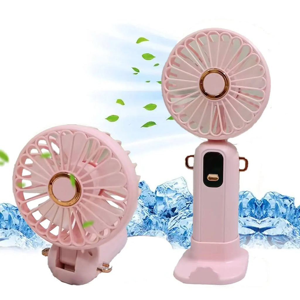 Portable Handheld Fan with Base & Lanyard, USB Rechargeable Small Fan with Adjustable 5 Speeds & LED Power Display, Foldable Personal Fan for Office Bedroom Outdoor Travel Camping