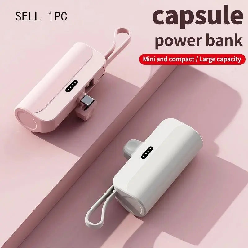 Portable Pocket Compact Capsule Power Bank, 5000Mah Capacity, Supports Ios, Type-C & Double USB Output, Fits Iphone & Android Devices, Travel Essential
