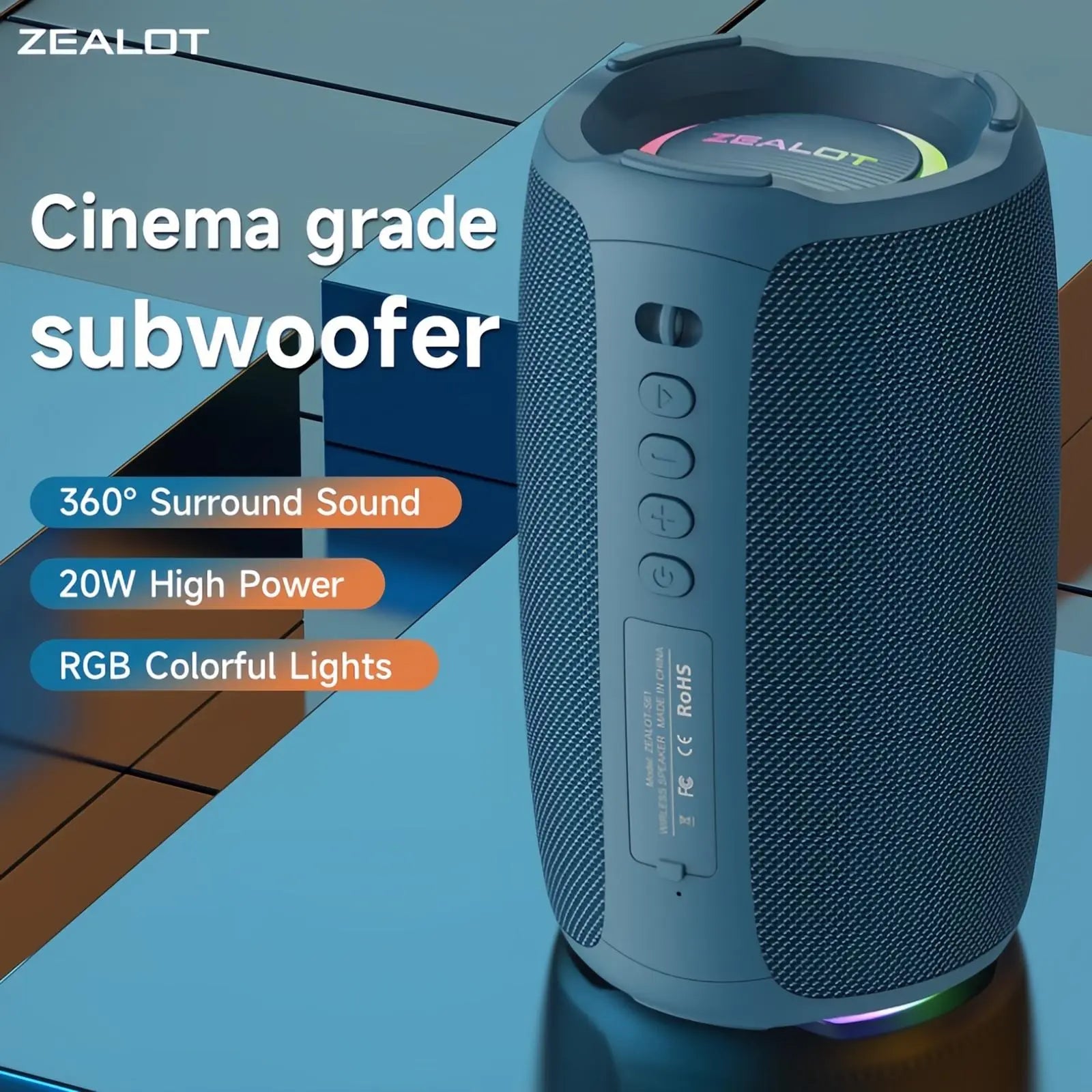 ZEALOT Outdoor Wireless Speaker - Portable Bluetooth Speaker, Portable Waterproof Speakers With, Booming Stereo Sound, IPX4 Waterproof, 10 Hours of Playtime, 3600Mah Battery, RGB Lighting - Ideal for Home, Outdoor, Camping, Hiking