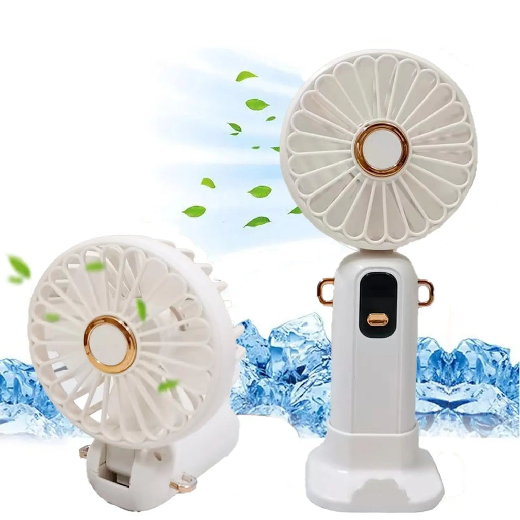 Portable Handheld Fan with Base & Lanyard, USB Rechargeable Small Fan with Adjustable 5 Speeds & LED Power Display, Foldable Personal Fan for Office Bedroom Outdoor Travel Camping