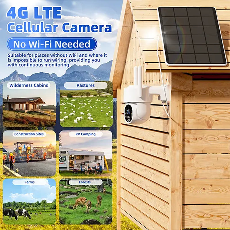 No Wifi Solar Camera 4G LTE Cellular Solar 4MP/3K Security Camera, No Wifi Required, Solar Cell Battary Powered Outdoor Camera, 360° View, AI Tracking, Color Night Vision, Built-In 4G SIM Card and SD Card