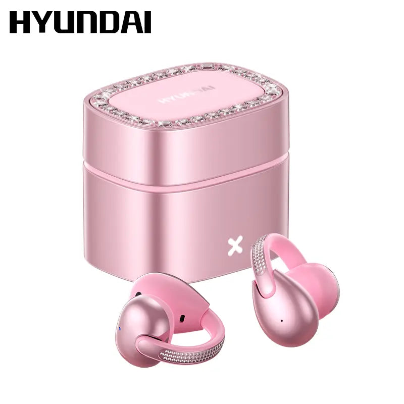 HYUNDAI C05 Fashion Clip-On Wireless Headphones with Bluetooth 6.0, OWS Open-Ear Air Conduction, Luxury Pink Diamond Jewelry Design, Lightweight & Comfortable Fit, Stylish Earbuds for Women & Girls, Ideal Gift, Compatible with Android & Ios
